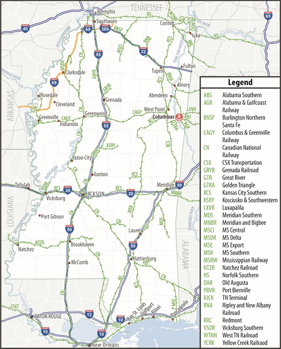 Regional rail network map showing Lowndes County Port