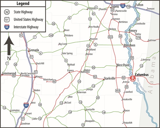 Regional highway map showing Lowndes County Port