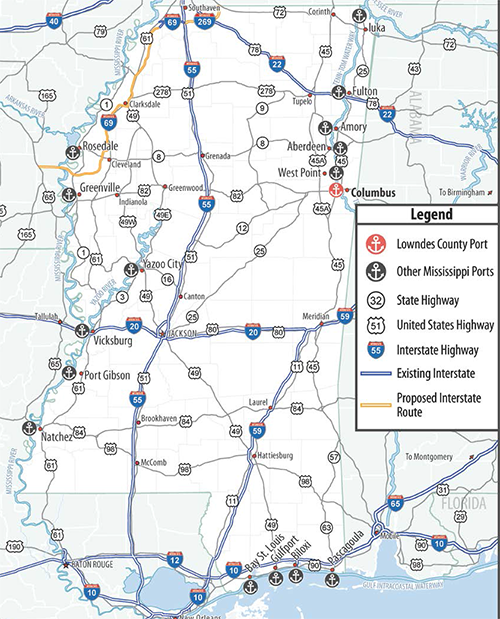 Regional transportation map showing Lowndes County Port
